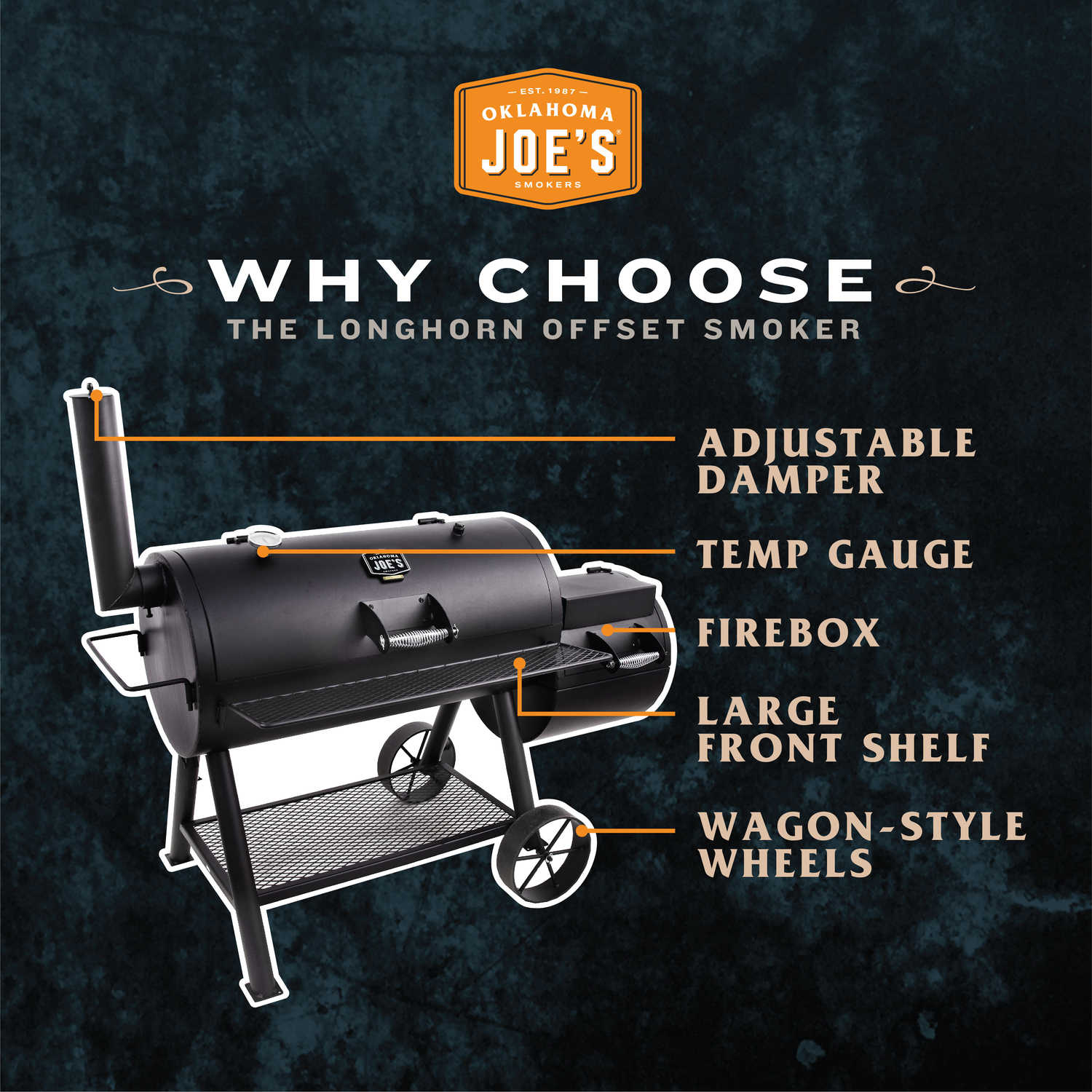 Oklahoma Joe's Longhorn Charcoal/Wood Offset Smoker Black